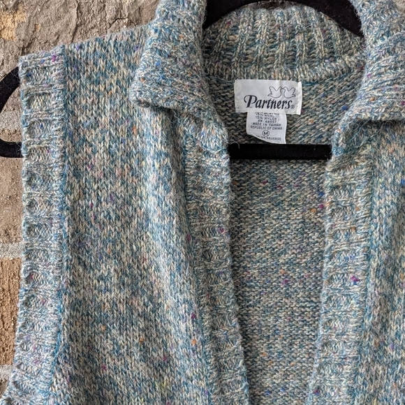 VTG 80s Partners Wool Blend Open Front Vest Medium Teal Multicolor Knit - Picture 2 of 6